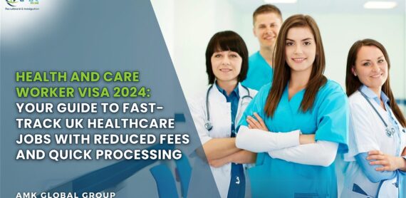 Healthcare professionals smiling in a clinic, promoting the Health and Care Worker Visa 2024 with Hanstar Global Consulting branding