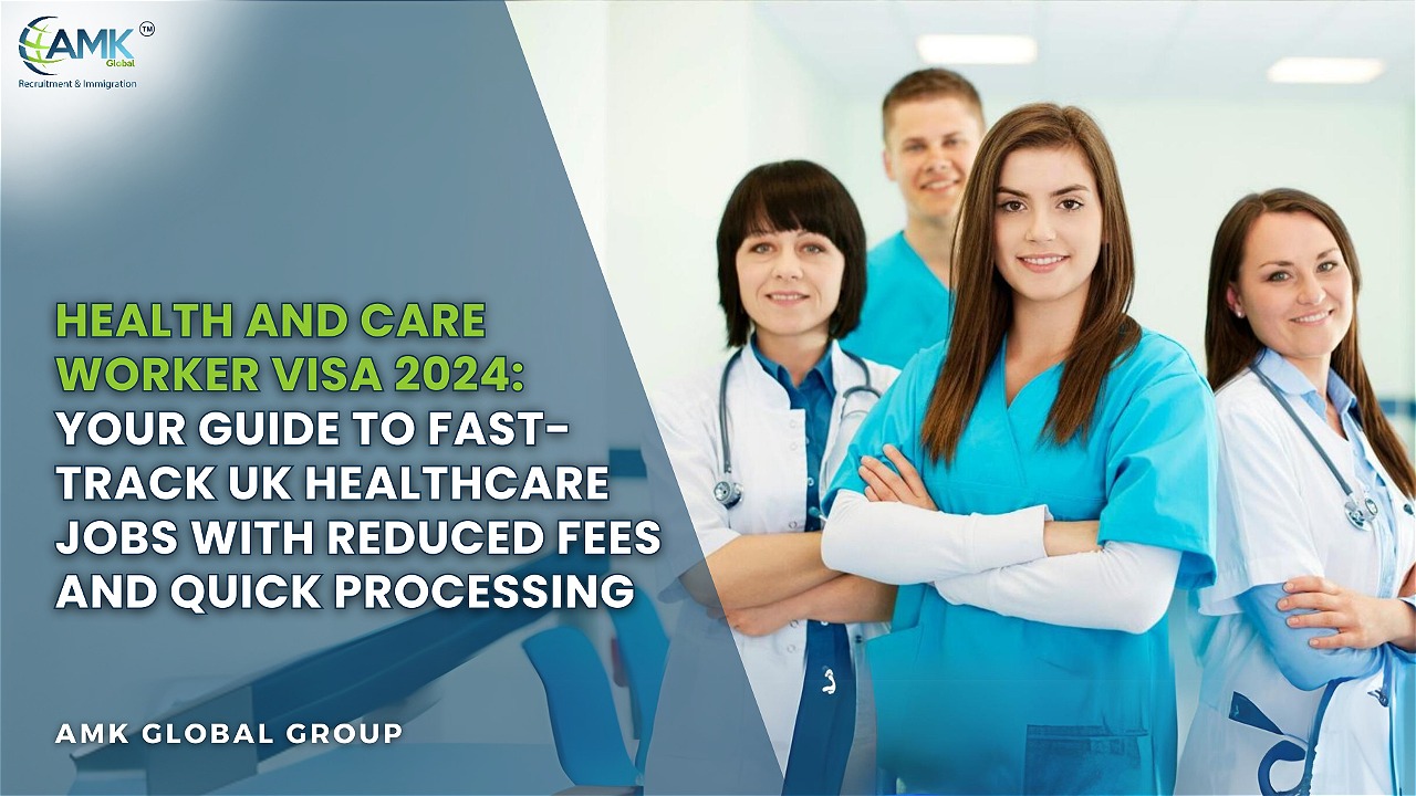Healthcare professionals smiling in a clinic, promoting the Health and Care Worker Visa 2024 with Hanstar Global Consulting branding